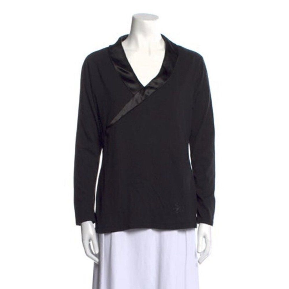 temperley london Authentic solid black satin v neck long sleeve top medium
